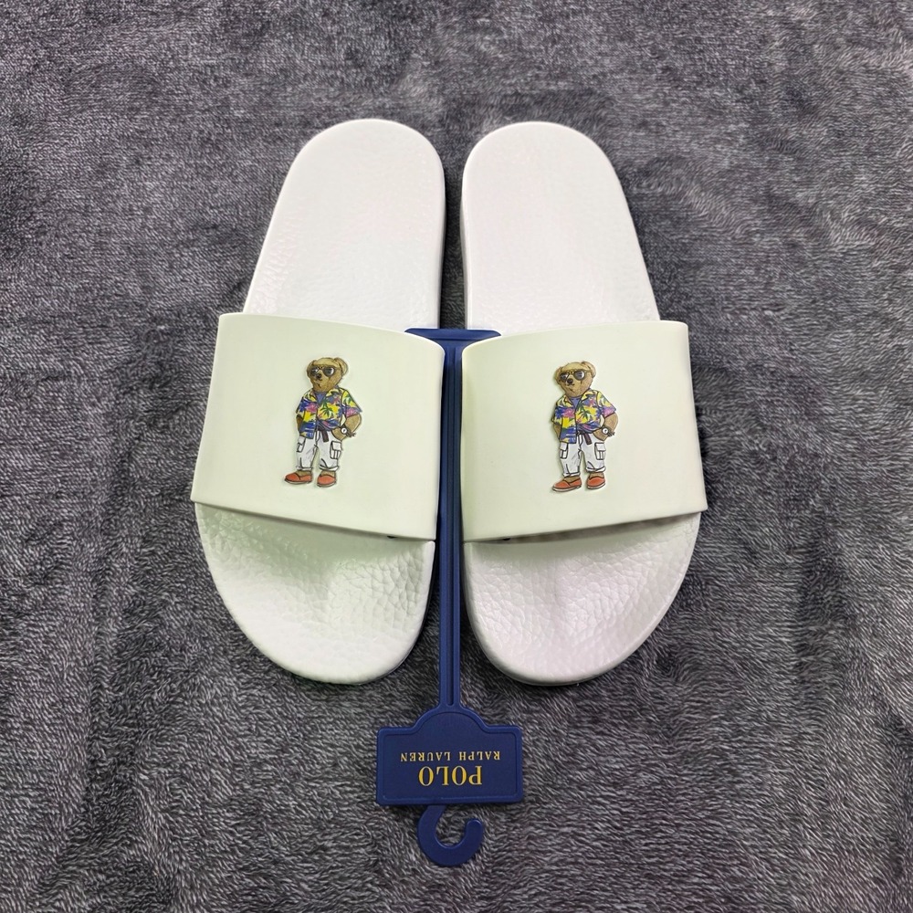 Ralph Lauren Polo Bear Cayson Slides Mens Size 10 White Vacation Sandals
